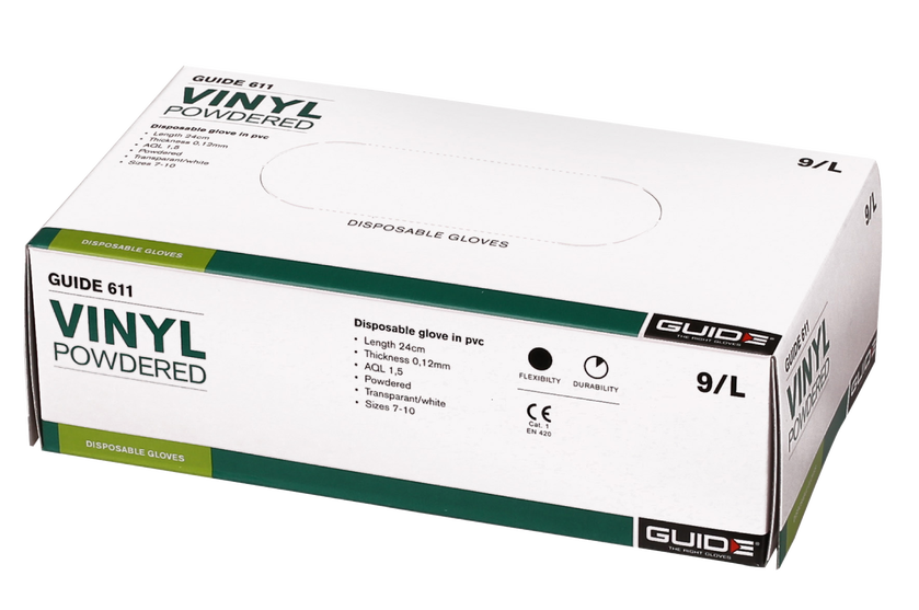 HANDKSE ENGÅNGS VINYL 611 8 GUIDE OPUDRAD 100PAR/FP