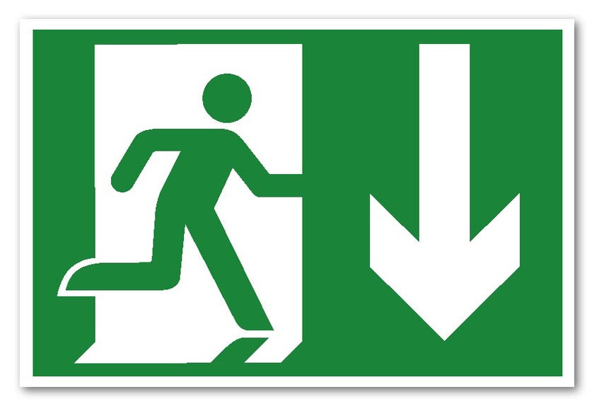 SKYLT "NÖDUTGÅNG PIL NER" PVC A4 SJÄLVLYSANDE