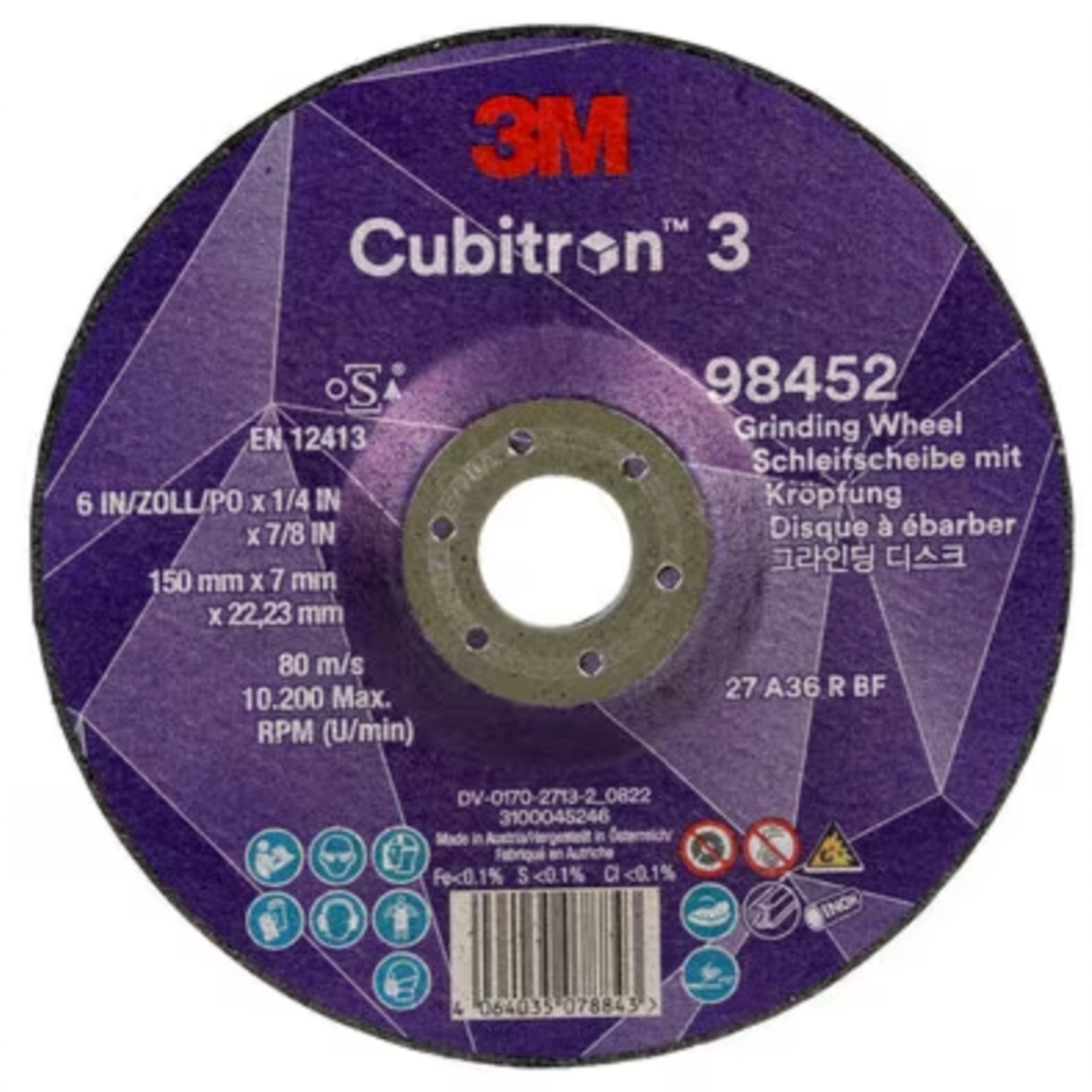 Cubitron 3 Depressed Center Gr inding Wheel, 98452, 36+, T27,
